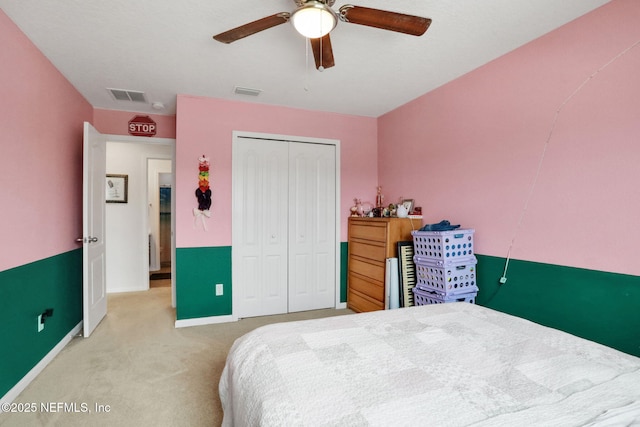 1090 Wetland Ridge Cir, Middleburg, FL 32068 - bedroom with light carpet, a closet, baseboards, and ceiling fan