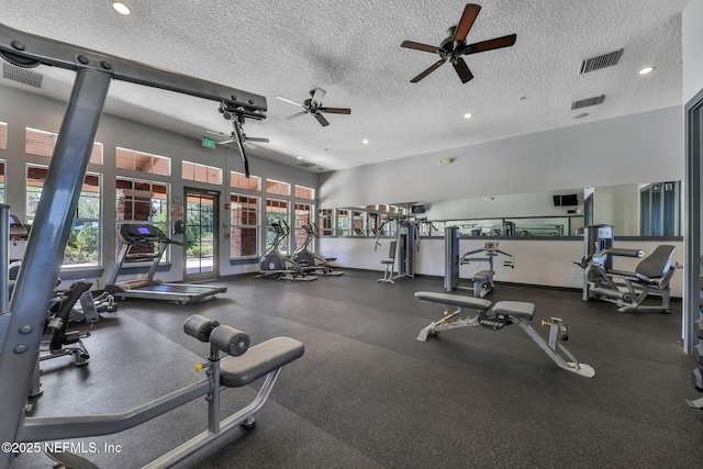 1090 Wetland Ridge Cir, Middleburg, FL 32068 - gym featuring ceiling fan, a textured ceiling, and recessed lighting