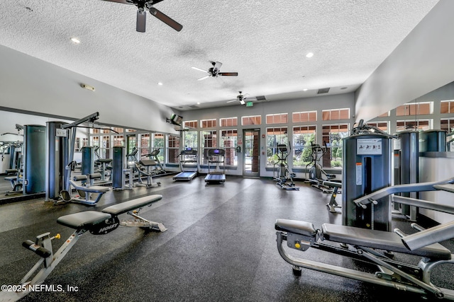 1090 Wetland Ridge Cir, Middleburg, FL 32068 - gym with ceiling fan, a textured ceiling, and recessed lighting