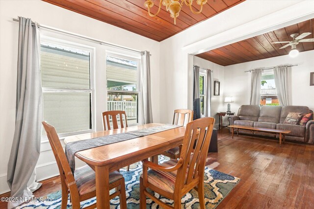27 Grant St, Saint Augustine, FL 32084 - dining area with wooden ceiling, a chandelier, wood finished floors, and a ceiling fan