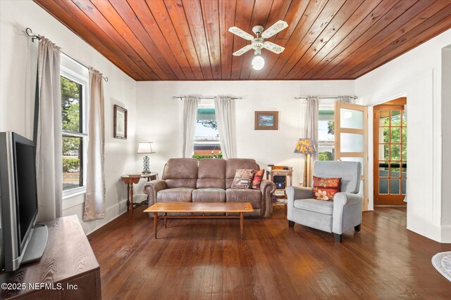 27 Grant St, Saint Augustine, FL 32084 - living area with wooden ceiling, plenty of natural light, dark wood finished floors, ceiling fan, and baseboards