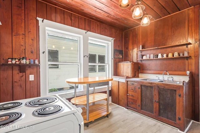 27 Grant St, Saint Augustine, FL 32084 - kitchen featuring electric stove, a sink, wooden walls, light wood-type flooring, and wooden ceiling