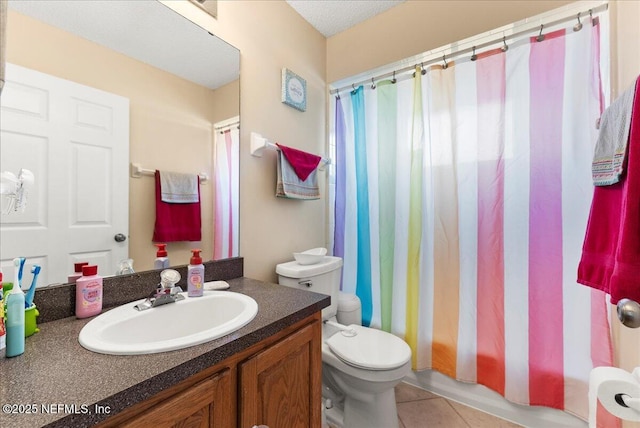 3910 Selig Ct, Middleburg, FL 32068 - bathroom with vanity, tile patterned floors, toilet, and shower / bath combination with curtain