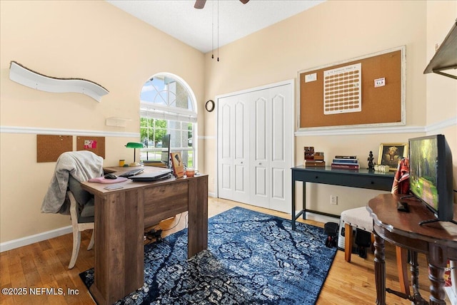 3910 Selig Ct, Middleburg, FL 32068 - home office with wood finished floors, a ceiling fan, and baseboards