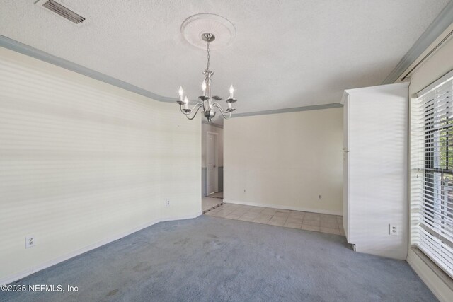 9620 Baylor Ave, Hastings, FL 32145 - unfurnished room with carpet flooring, a chandelier, ornamental molding, a textured ceiling, and baseboards