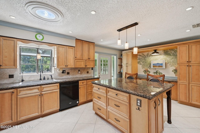 9620 Baylor Ave, Hastings, FL 32145 - kitchen featuring black dishwasher, a sink, a breakfast bar, light tile patterned flooring, and decorative backsplash