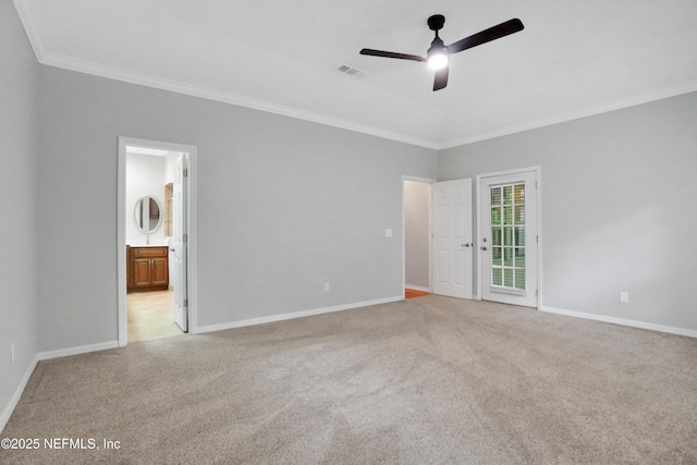 880 Buckeye Ln W, Saint Johns, FL 32259 - unfurnished bedroom with crown molding, light carpet, baseboards, ensuite bath, and ceiling fan
