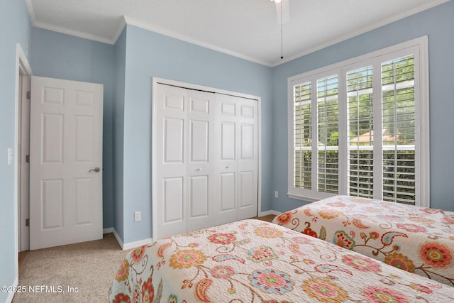 880 Buckeye Ln W, Saint Johns, FL 32259 - carpeted bedroom with a closet, crown molding, and a ceiling fan