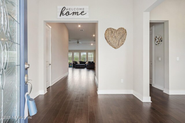 36461 Shortleaf Ave, Hilliard, FL 32046 - entryway featuring dark wood-type flooring, a ceiling fan, and baseboards