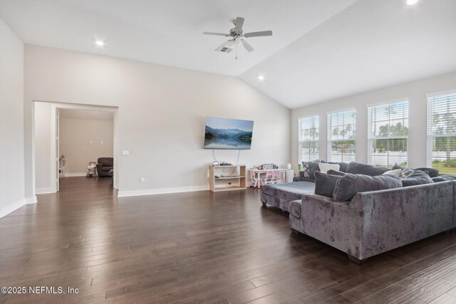 36461 Shortleaf Ave, Hilliard, FL 32046 - living area with lofted ceiling, ceiling fan, dark wood finished floors, recessed lighting, and baseboards
