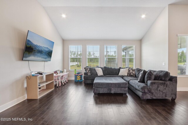 36461 Shortleaf Ave, Hilliard, FL 32046 - living room with lofted ceiling, healthy amount of natural light, dark wood-style floors, and recessed lighting