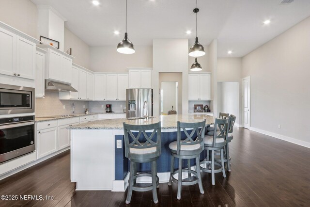 36461 Shortleaf Ave, Hilliard, FL 32046 - kitchen with stainless steel appliances, under cabinet range hood, a towering ceiling, white cabinets, and dark wood-style flooring