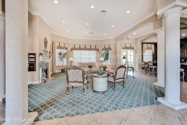 535 Florida Club Blvd Unit 307, Saint Augustine, FL 32084 - living area featuring ornate columns, arched walkways, recessed lighting, and ornamental molding