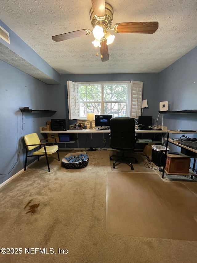 4915 Baymeadows Rd Unit 11E, Jacksonville, FL 32217 - office featuring a textured ceiling, ceiling fan, and carpet floors