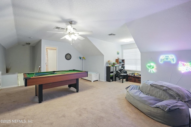828 Lotus Ln N, Saint Johns, FL 32259 - rec room featuring light carpet, vaulted ceiling, billiards, a ceiling fan, and baseboards