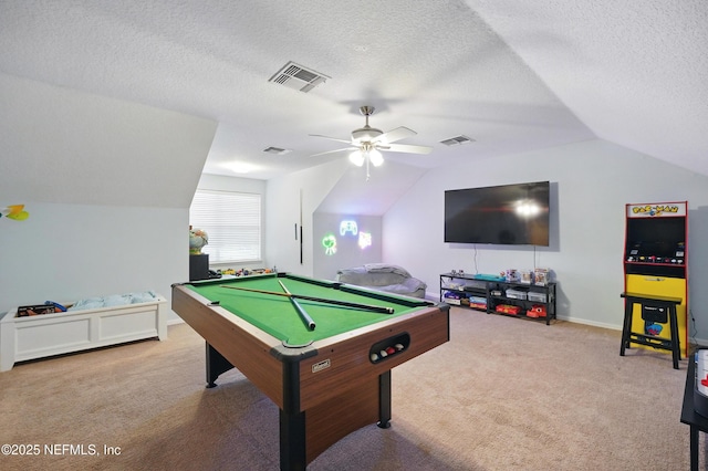 828 Lotus Ln N, Saint Johns, FL 32259 - playroom featuring carpet floors, vaulted ceiling, a ceiling fan, a textured ceiling, and billiards