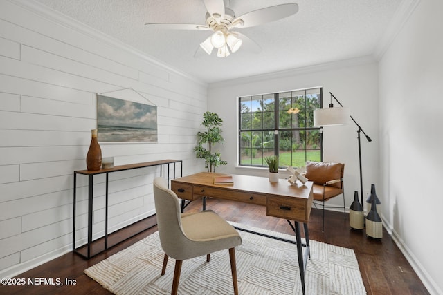 53 Waterbridge Pl, Ponte Vedra Beach, FL 32082 - office area featuring ornamental molding, wood finished floors, wood walls, ceiling fan, and a textured ceiling