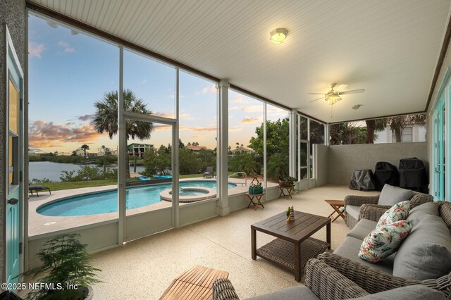 231 Barrataria Dr, Saint Augustine, FL 32080 - sunroom featuring a jacuzzi, outdoor lounge area, a water view, and a ceiling fan