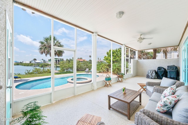 231 Barrataria Dr, Saint Augustine, FL 32080 - sunroom with a water view, ceiling fan, an outdoor living space, and a jacuzzi