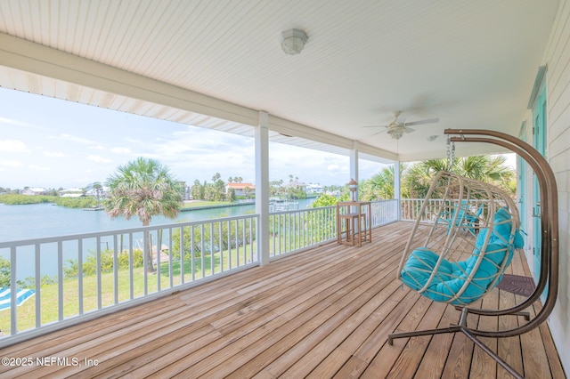 231 Barrataria Dr, Saint Augustine, FL 32080 - wooden terrace featuring a water view and a ceiling fan