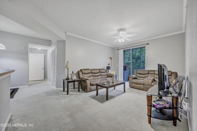 425 S Villa San Marco Dr Unit 302, Saint Augustine, FL 32086 - carpeted living area featuring a ceiling fan, ornamental molding, and baseboards