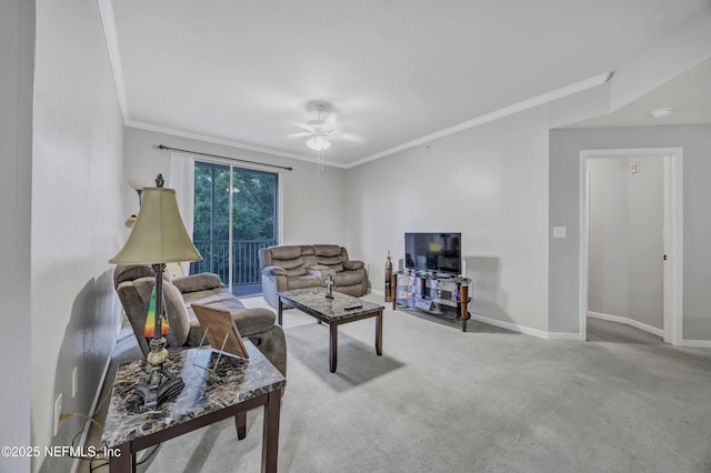 425 S Villa San Marco Dr Unit 302, Saint Augustine, FL 32086 - carpeted living room with crown molding, baseboards, and a ceiling fan