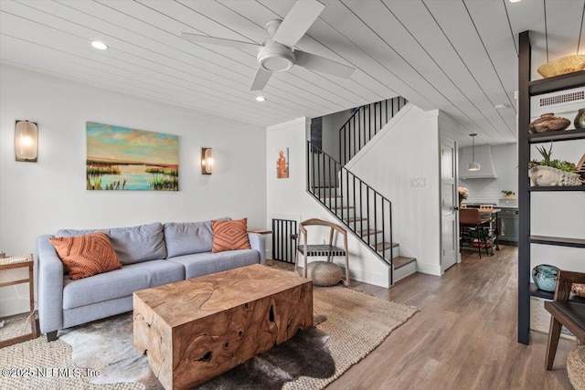 901 Ocean Blvd Unit 91, Atlantic Beach, FL 32233 - living room with a ceiling fan, wood finished floors, wooden ceiling, stairway, and recessed lighting