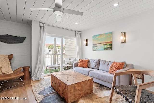 901 Ocean Blvd Unit 91, Atlantic Beach, FL 32233 - living room featuring wooden ceiling, wood finished floors, ceiling fan, and recessed lighting