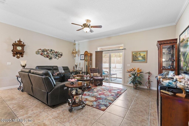 3912 Pipit Pt, Middleburg, FL 32068 - living room featuring crown molding, ceiling fan, light tile patterned floors, baseboards, and a textured ceiling