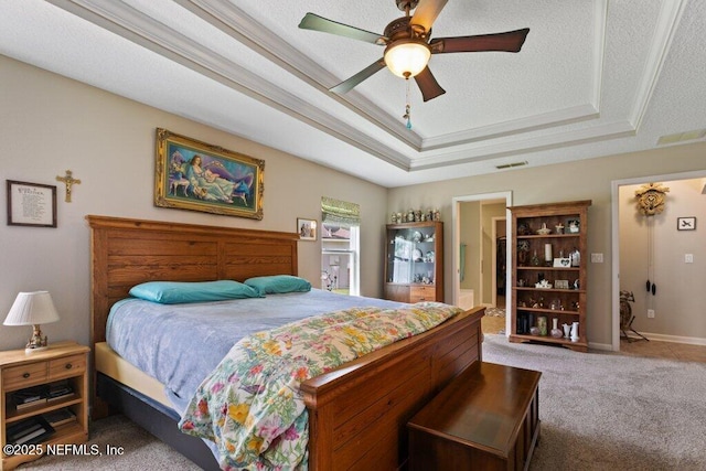 3912 Pipit Pt, Middleburg, FL 32068 - bedroom featuring a tray ceiling, carpet flooring, connected bathroom, baseboards, and a textured ceiling