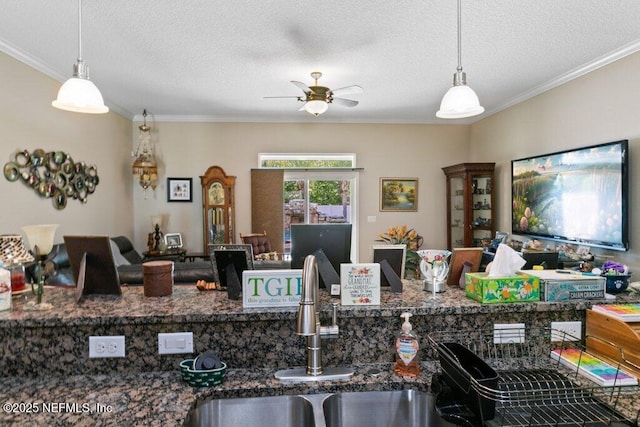 3912 Pipit Pt, Middleburg, FL 32068 - kitchen with ceiling fan, crown molding, a textured ceiling, open floor plan, and decorative light fixtures