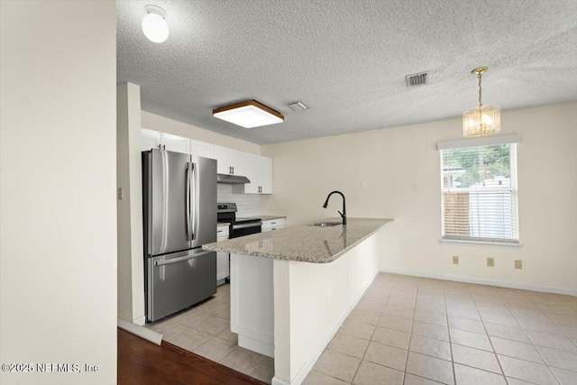 1528 Jordan St, Atlantic Beach, FL 32233 - kitchen featuring appliances with stainless steel finishes, a sink, under cabinet range hood, white cabinets, and a peninsula