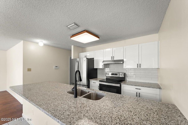 1528 Jordan St, Atlantic Beach, FL 32233 - kitchen featuring appliances with stainless steel finishes, under cabinet range hood, a sink, white cabinetry, and tasteful backsplash