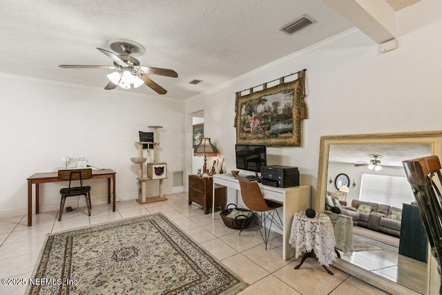 2041 Mill Creek Rd, Jacksonville, FL 32211 - office area featuring ceiling fan, light tile patterned flooring, crown molding, a textured ceiling, and baseboards