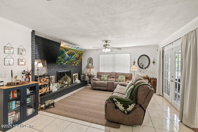 2041 Mill Creek Rd, Jacksonville, FL 32211 - tiled living area featuring french doors, ornamental molding, a fireplace, a textured ceiling, and a ceiling fan