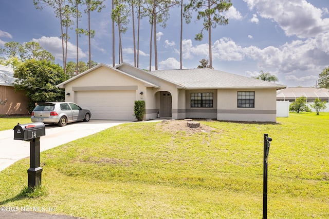 14 Ballard Ln, Palm Coast, FL 32137 - view of front of home with stucco siding, driveway, a garage, and a front yard