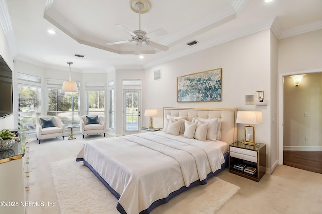 13022 Huntley Manor Dr, Jacksonville, FL 32224 - bedroom with carpet, a tray ceiling, crown molding, access to exterior, and recessed lighting