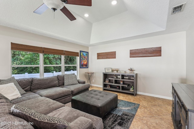 1346 N Kyle Way, Jacksonville, FL 32259 - living area featuring ceiling fan, baseboards, a tray ceiling, light tile patterned floors, and recessed lighting