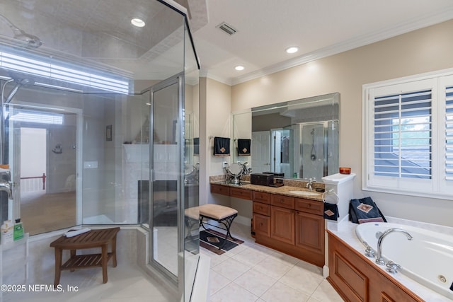 6449 Jack Wright Island Rd, Saint Augustine, FL 32092 - full bathroom featuring ornamental molding, tile patterned flooring, a shower stall, vanity, and a tub with jets