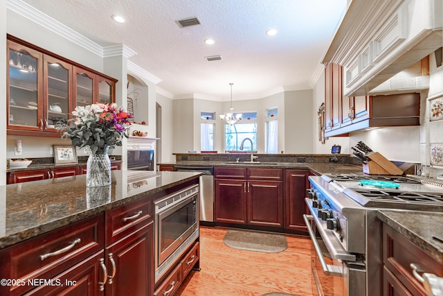 6449 Jack Wright Island Rd, Saint Augustine, FL 32092 - kitchen featuring appliances with stainless steel finishes, dark brown cabinets, a sink, a peninsula, and glass insert cabinets