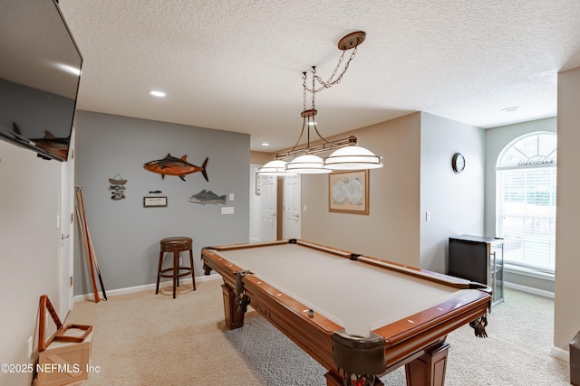 6449 Jack Wright Island Rd, Saint Augustine, FL 32092 - recreation room featuring light carpet, a textured ceiling, recessed lighting, billiards, and baseboards