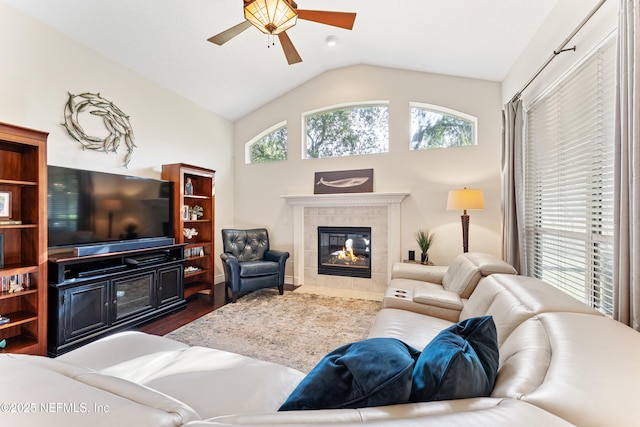 1758 Country Walk Dr, Fleming Island, FL 32003 - living area with a ceiling fan, lofted ceiling, wood finished floors, and a fireplace
