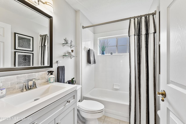 1758 Country Walk Dr, Fleming Island, FL 32003 - full bath featuring vanity, shower / tub combo with curtain, tasteful backsplash, and tile patterned floors