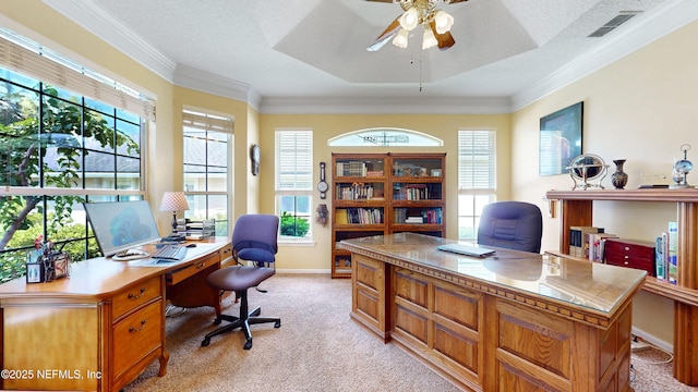 1700 Waters Edge Dr, Fleming Island, FL 32003 - office area with ceiling fan, light colored carpet, ornamental molding, baseboards, and healthy amount of natural light