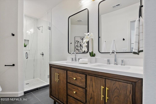 1800 The Greens Way Unit 1907, Jacksonville Beach, FL 32250 - full bath featuring double vanity, a marble finish shower, and tile patterned flooring