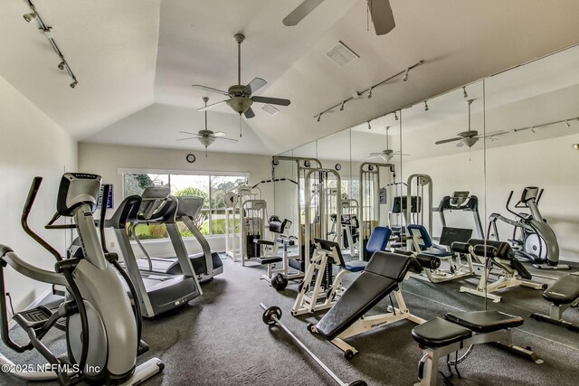 1800 The Greens Way Unit 1907, Jacksonville Beach, FL 32250 - gym with a ceiling fan, track lighting, and lofted ceiling