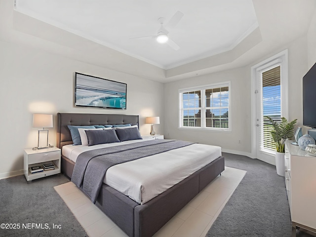 150 Pantano Cay Blvd Unit 2303, Saint Augustine, FL 32080 - bedroom with light carpet, access to exterior, a raised ceiling, crown molding, and ceiling fan