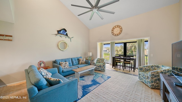 87 Village Del Lago Cir, Saint Augustine, FL 32080 - living area featuring high vaulted ceiling and ceiling fan