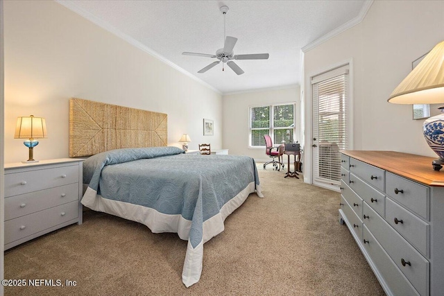 6541 Burnham Cir, Ponte Vedra Beach, FL 32082 - bedroom featuring ornamental molding, light carpet, access to outside, and ceiling fan