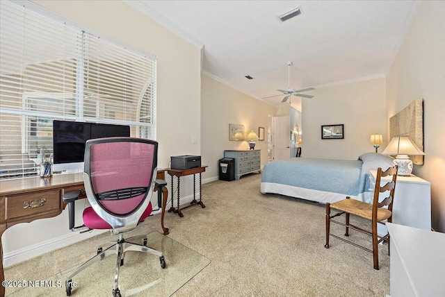6541 Burnham Cir, Ponte Vedra Beach, FL 32082 - bedroom with an office area, ornamental molding, carpet floors, baseboards, and ceiling fan